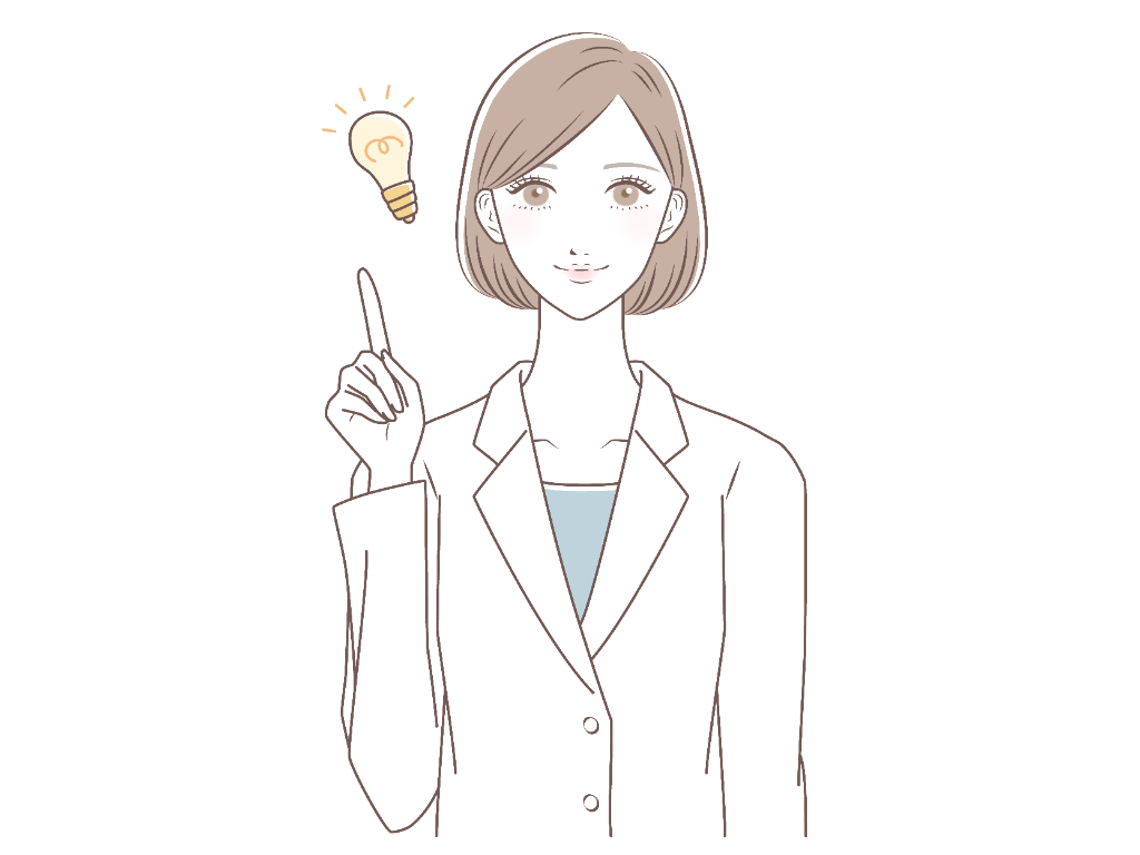 白衣を着た女性が指を立てて、ひらめいたような表情をしているイラスト